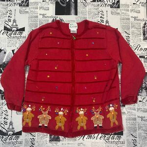 Quacker-factory Women's Brown and Red Christmas reindeer Cardigan y2k 2000s plus